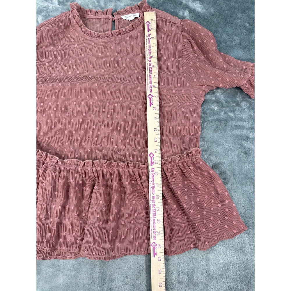 Blu Pepper Dusty Rose Pink Swiss Dot Peplum Top Ruffle Sleeve Mauve Blouse Large - Picture 5 of 9